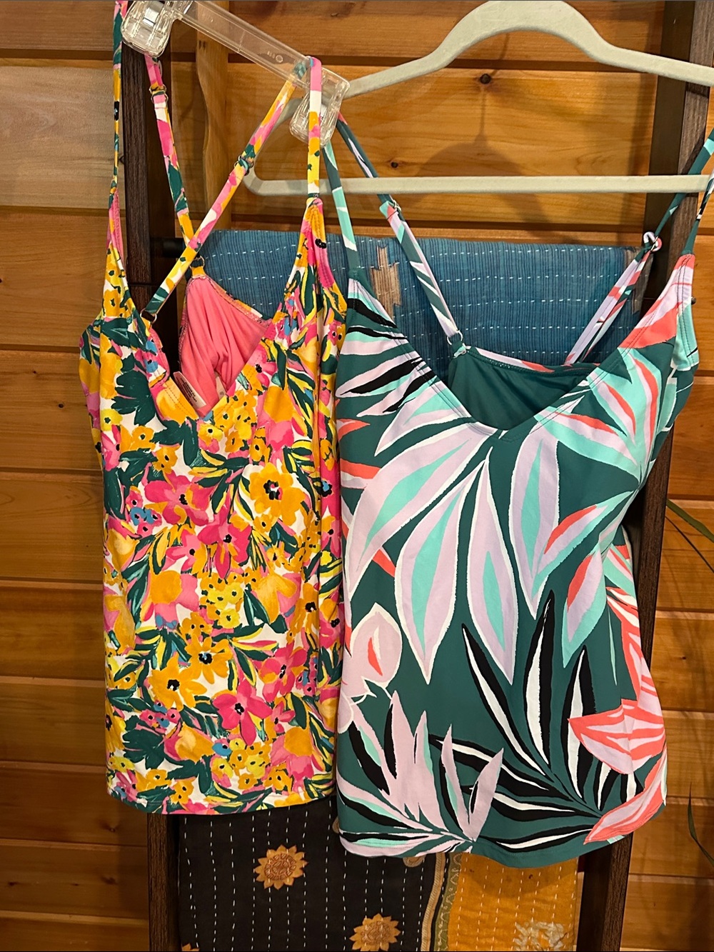 2 tops Anne Cole Floral & Tropical Tankini Tops in Yellow, Pink, Green